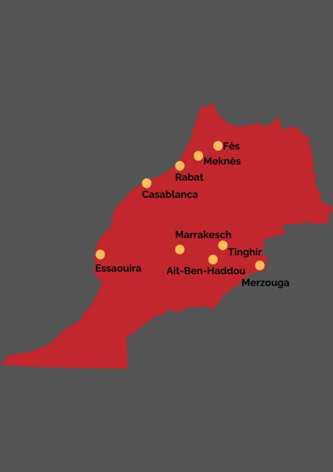Landkarte Städte auf unserer Rundreise in Marokko thealkamalsontheroad