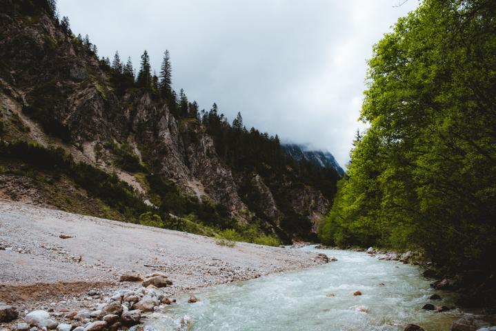 älder und hellblau schimmernder Fluss in den Alpen thealkamalsontheroad