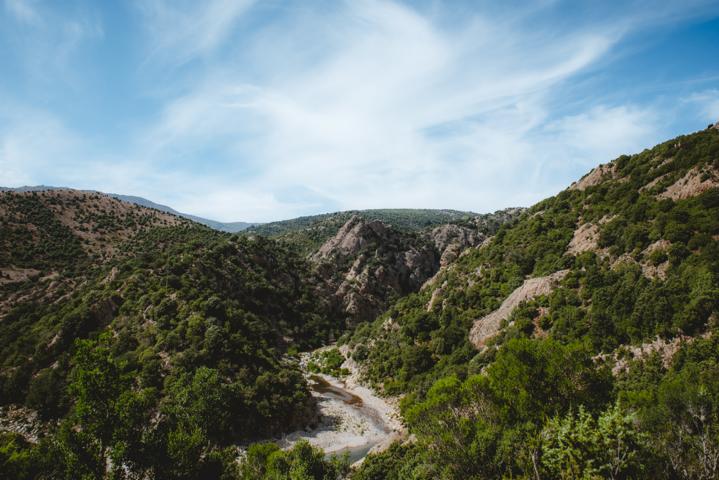 Blick in ein Tal mit Fluss Sardinien thealkamalsontheroad