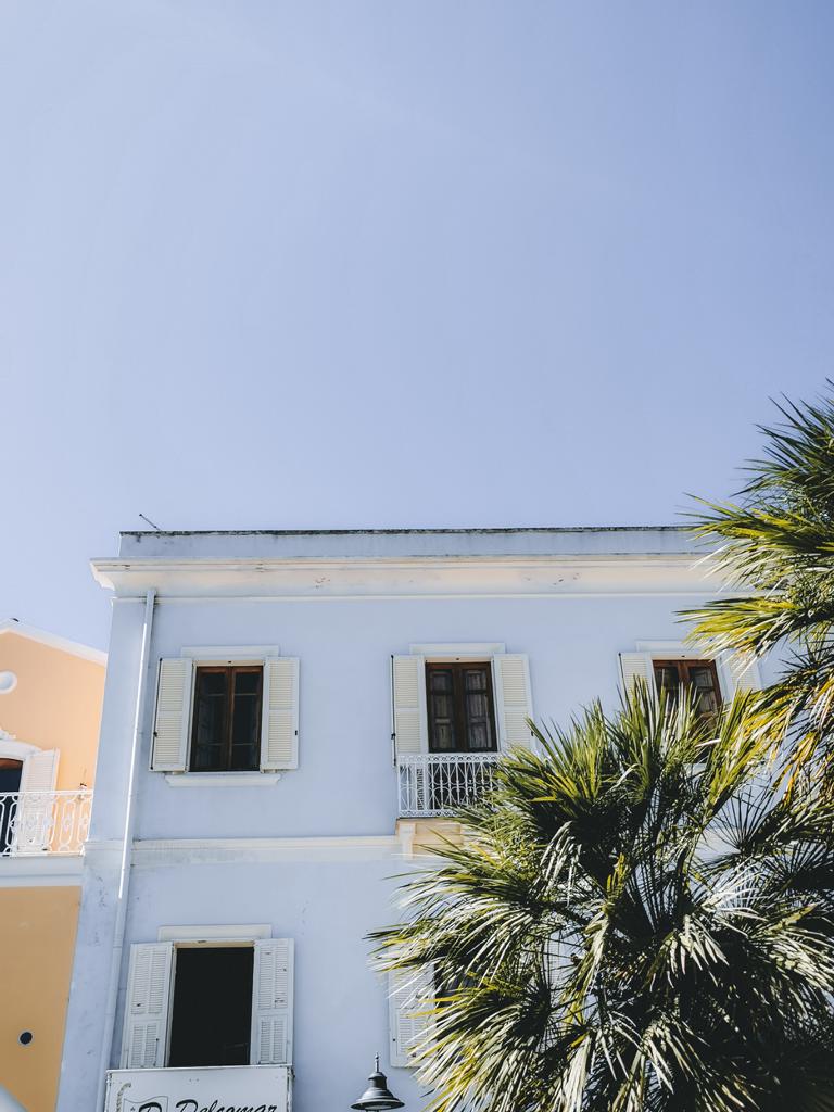 blaues Haus mit Palme